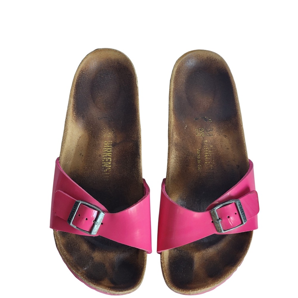 Birkenstock Madrid Pink Patent Single Strap Slide Sandals Womens 38 7